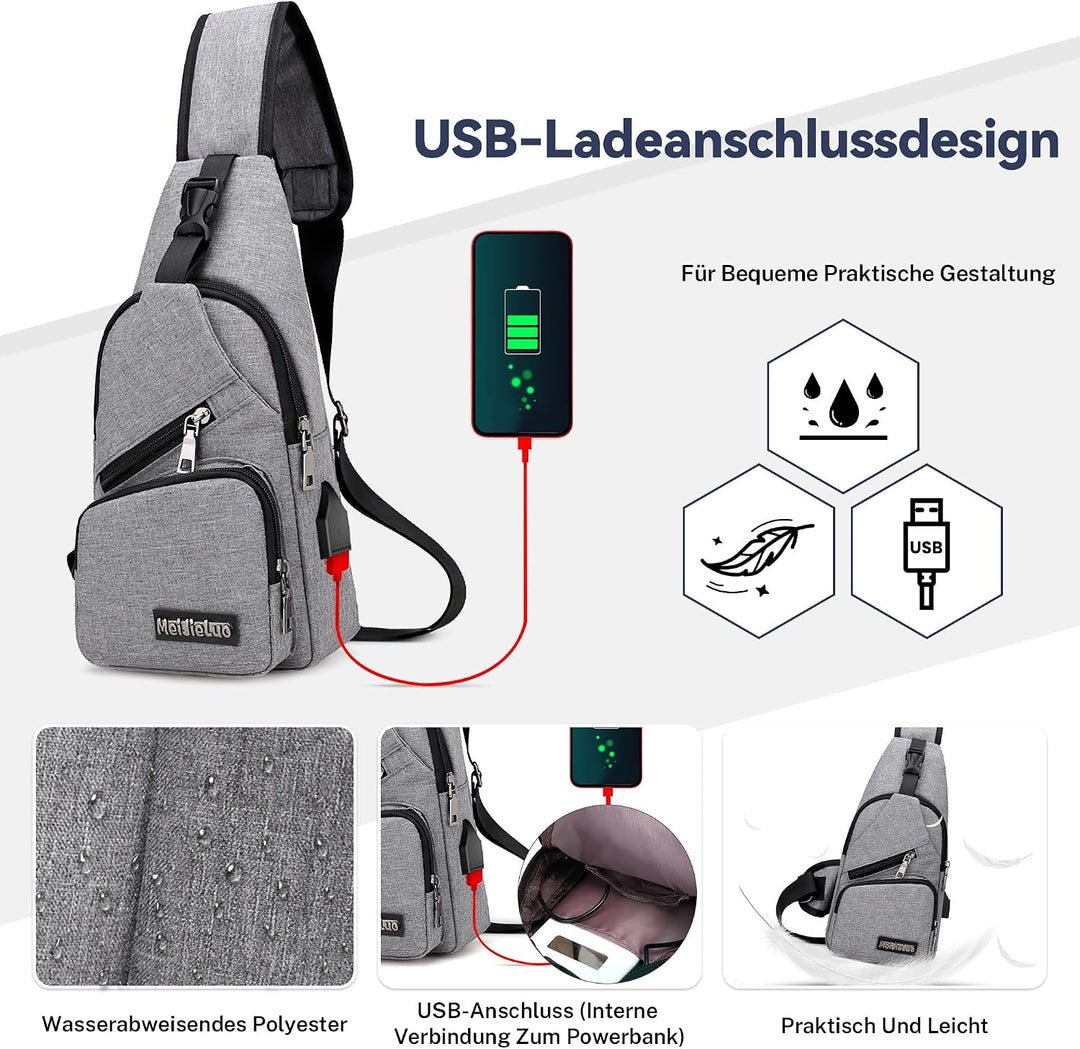 VARLIVOO Herren Sling Bag mit USB Port Crossbody Bag Diebstahlsicherung Schultertaschen Reise Wander