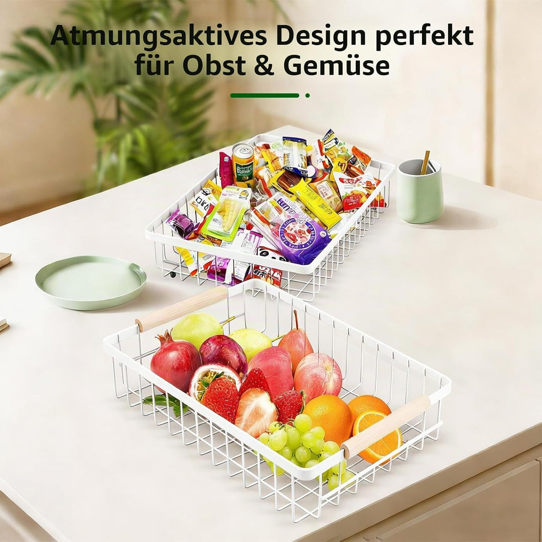 VINATO Obstkorb, Obst Etagere 2 Stöckig mit Holzgriffen für Küche, Bad &amp; Mehr – Obstständer, Gemüse