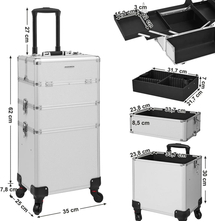 SONGMICS Kosmetikkoffer, Trolley, 3-in-1 Schminkkoffer, gross, Friseurkoffer, 35 x 25 x 69,8 cm, abs