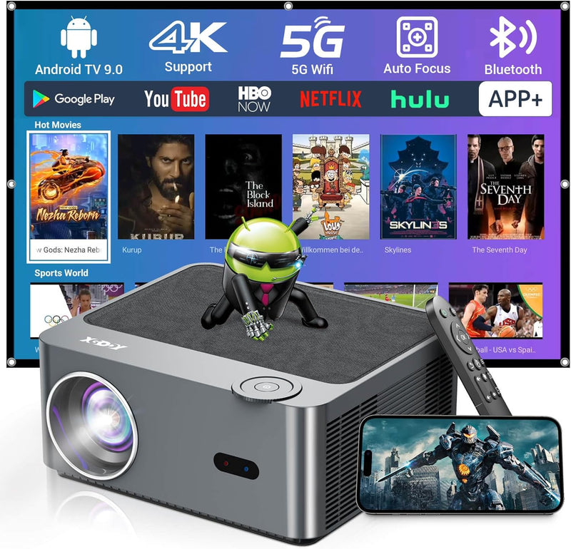 XGODY A45 Android Beamer unterstützt 4K Native 1080P FHD Projektor, 500 ANSI Autofokus Projector mit