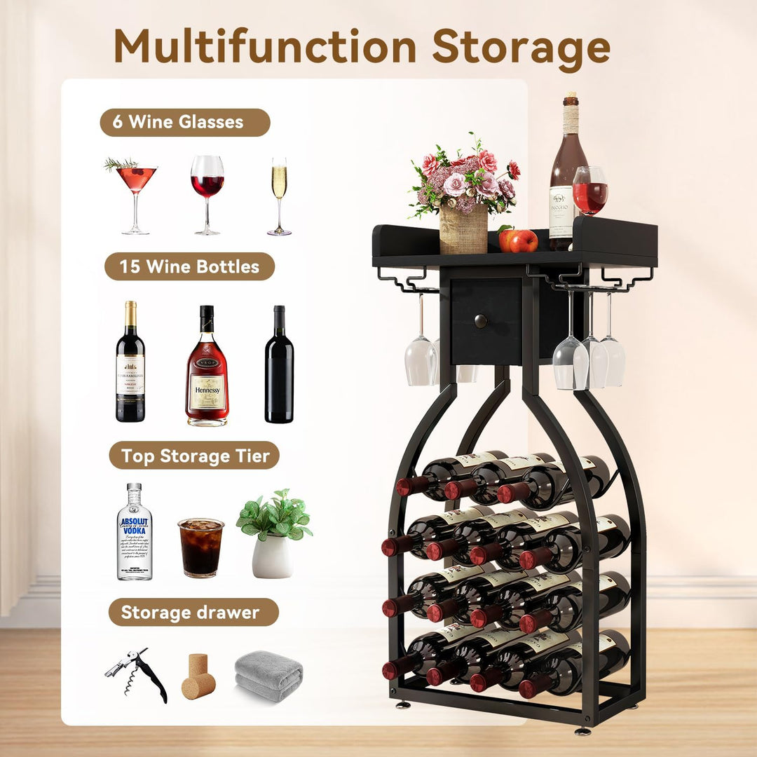 IBUYKE Weinregal Freistehend für 15 Flaschen,Flaschenregal mit Glashaltern und Speicher Schublade,Mi