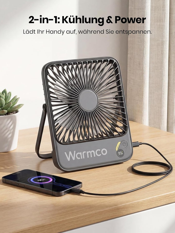 Warmco 10000mAh Tragbarer Akku Ventilator, 21cm Personal Tischventilatoren, Ultra-Leise Ultraflach m