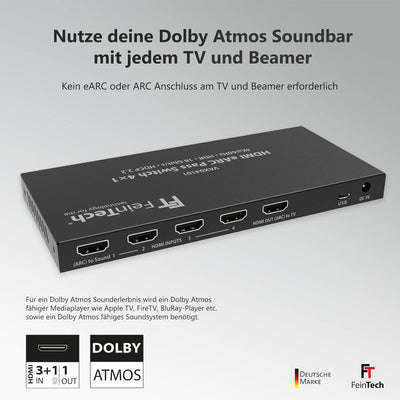 FeinTech VAX04101A HDMI eARC Pass Switch 4x1, für 3 HDMI-Quellen, Soundbar und TV Beamer 4K HDR Dolb