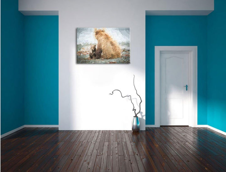 Pixxprint Bär mit Baby nach dem Baden / 100x70cm Leinwandbild bespannt auf Holzrahmen/Wandbild Kunst