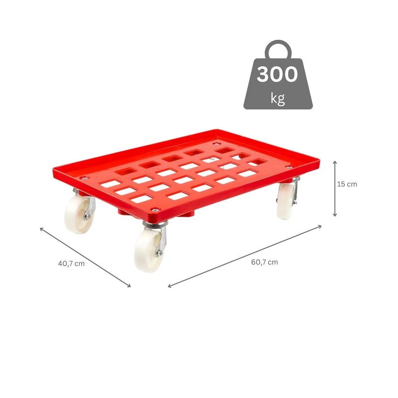 Transportroller für Euroboxen 60x40cm mit Kunststoffräder rot | Gitter/Rasterdeck | 2 Lenkrollen & 2