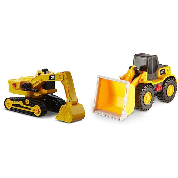 CatToysOfficial Caterpillar Bagger 33 cm mit Licht & Sound, Gelb; Schwarz Caterpillar Radlader 25cm
