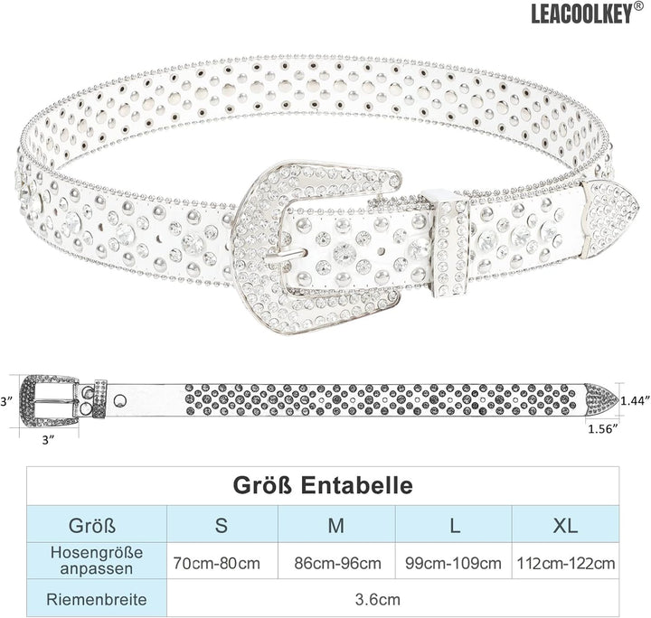 LEACOOLKEY Damen Männer Mode Strass Gürtel, Western Cowgirl Nieten Punk PU Ledergürtel für Jeans XL