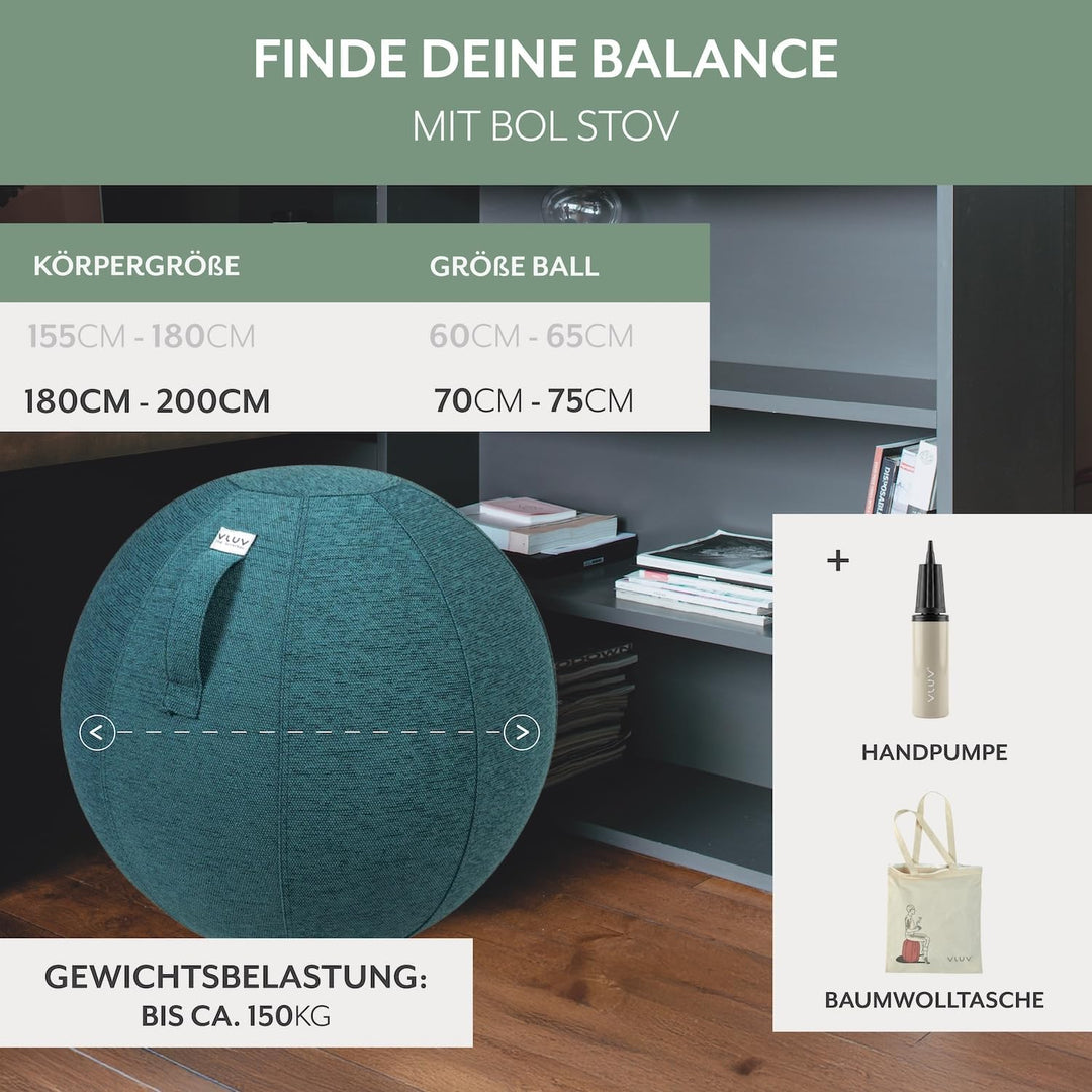 VLUV® BOL STOV Sitzball Büro Ergonomisch [Atmungsaktiv mit Tragegriff und Wegrollschutz] Waschbarer