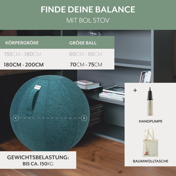 VLUV® BOL STOV Sitzball Büro Ergonomisch [Atmungsaktiv mit Tragegriff und Wegrollschutz] Waschbarer