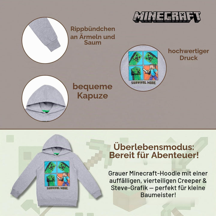 Minecraft Jungen Creeper Hoody Kapazenpullover 128 Grau 3, 128 Grau 3