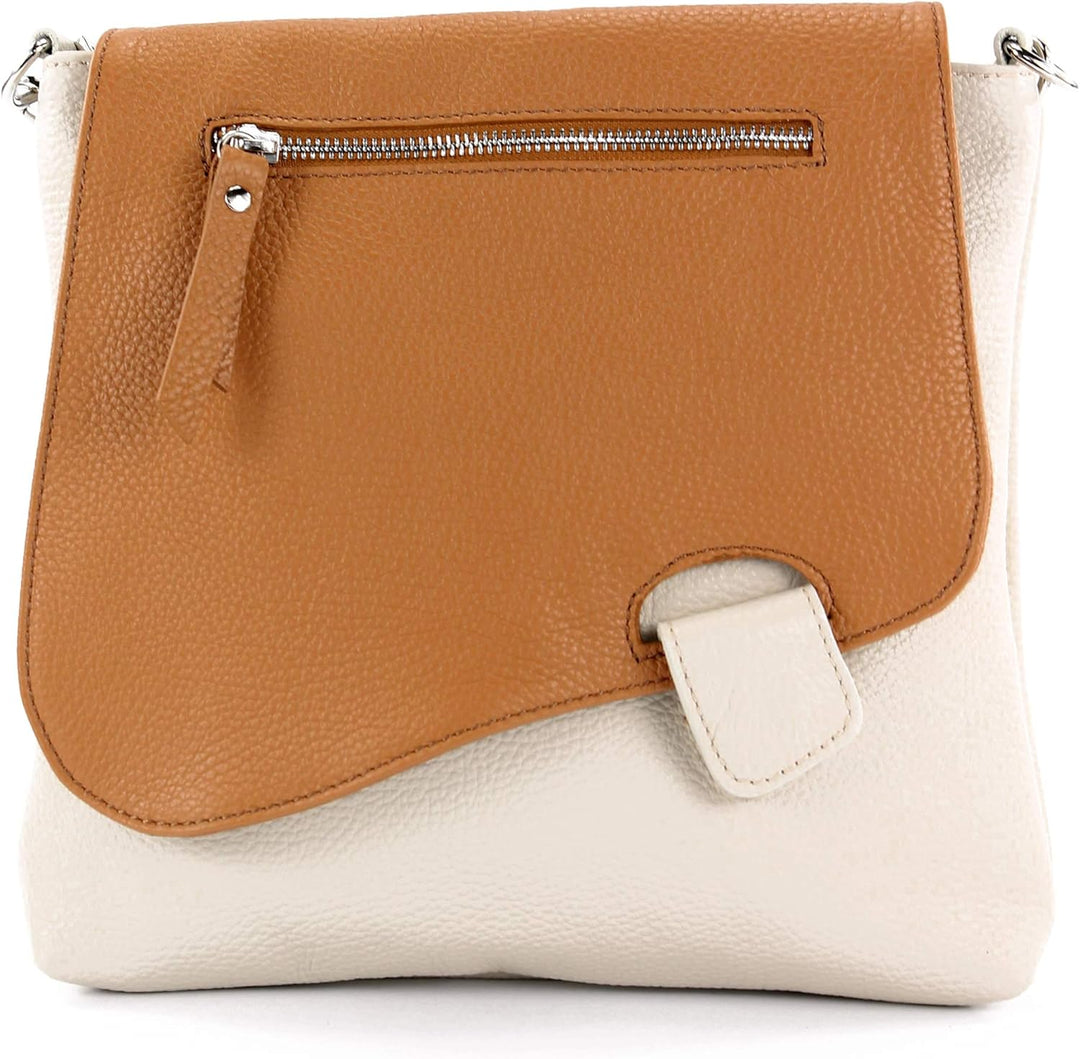 modamoda de - T146 - ital Messengertasche Umhängetasche aus Leder Cremebeige/Camel, Cremebeige/Camel