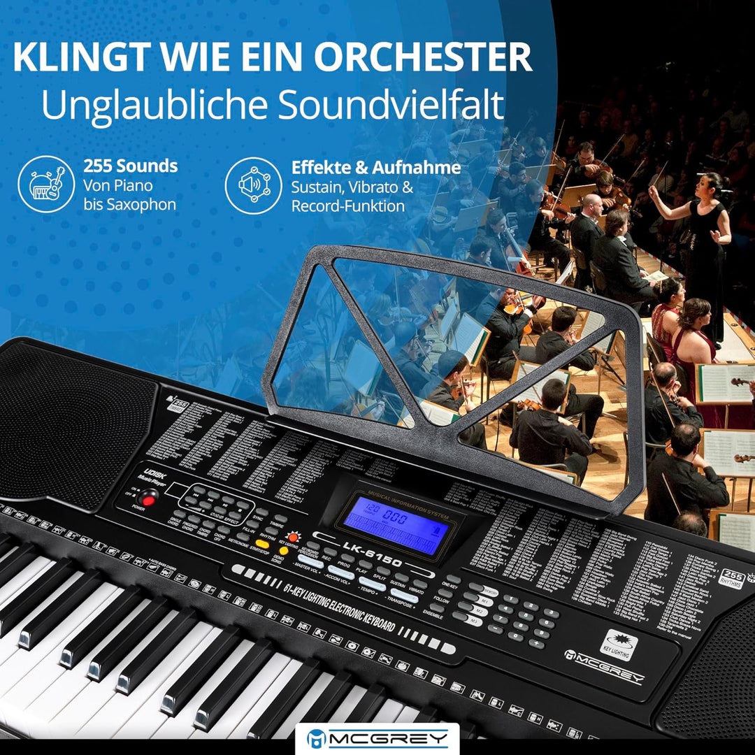 McGrey LK-6150 61 Tasten Keyboard Set - Einsteiger-Keyboard mit 61 Leuchttasten - 255 Sounds und 255