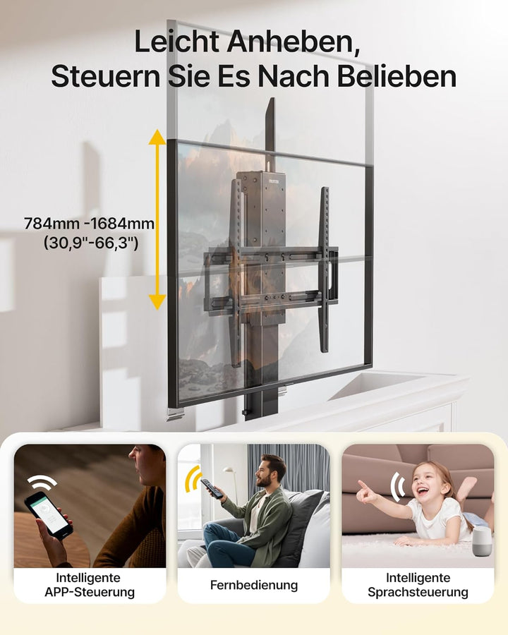 monTEK Elektrisch TV Lift zum Einbau für 37-65 Zoll bis 60kg, VESA 600x400 | mit Funkfernbedienung,