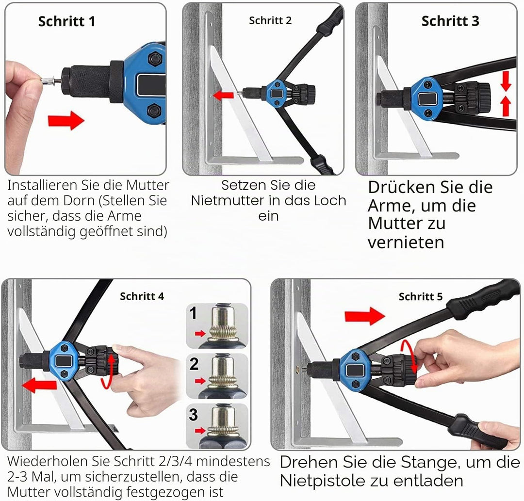 Handnietwerkzeugsatz, 33 cm lange Griffe mit 7 metrischen Dornen und 110 Nietmuttern von M3 bis M12