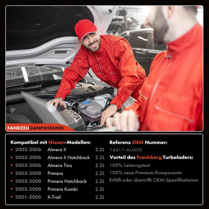 Frankberg Turbolader Abgasturbolader Diesel Kompatibel mit Almera Tino V10 2.2L 2003-2006 Primera P1