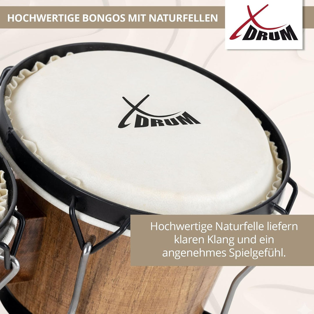 XDrum Bongos Club - 6" Macho und 7" Hembra - Naturfelle - professionelles Stimmsystem - Schwarz sati