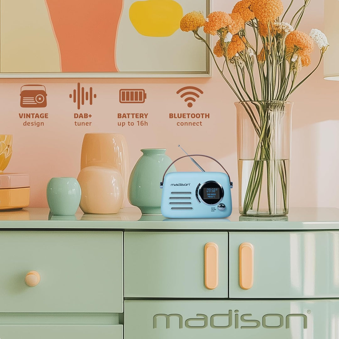 Madison - FREESOUND-VR30BL-DAB - Vintage DAB+ Radio mit langer Akkulaufzeit - DAB+, FM, Bluetooth &