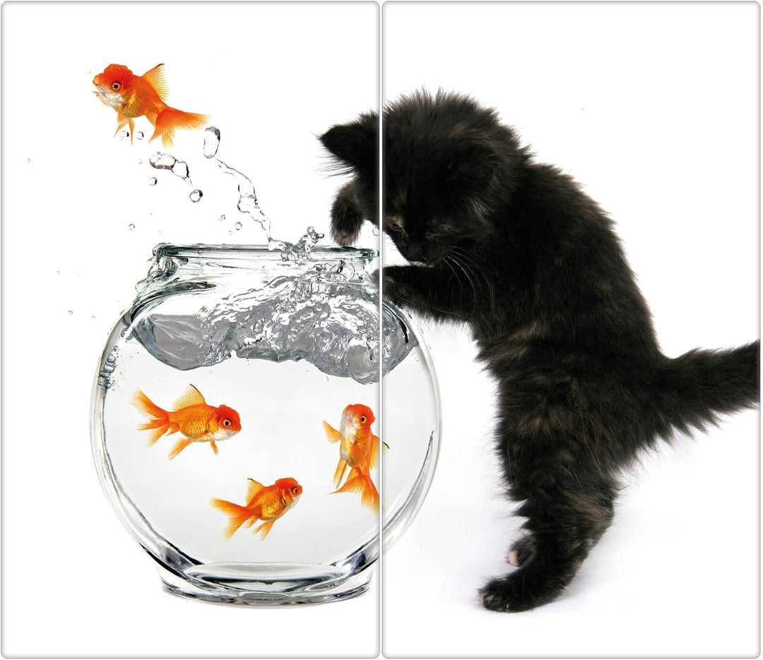 banjado® Herdabdeckplatte Glas 2-teilig je 30x52 cm/Schneidebrett Herdabdeckung mit Motiv Katze Und