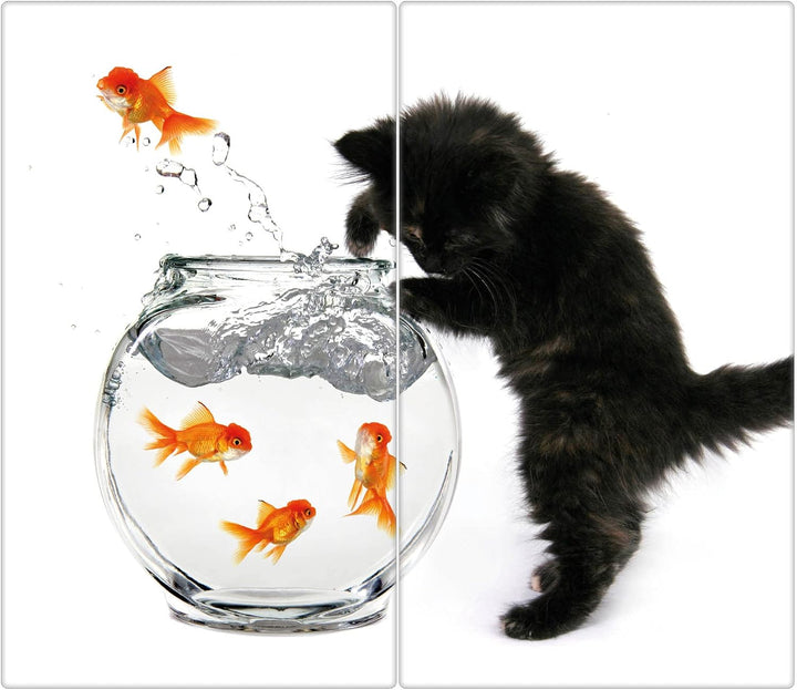 banjado® Herdabdeckplatte Glas 2-teilig je 30x52 cm/Schneidebrett Herdabdeckung mit Motiv Katze Und