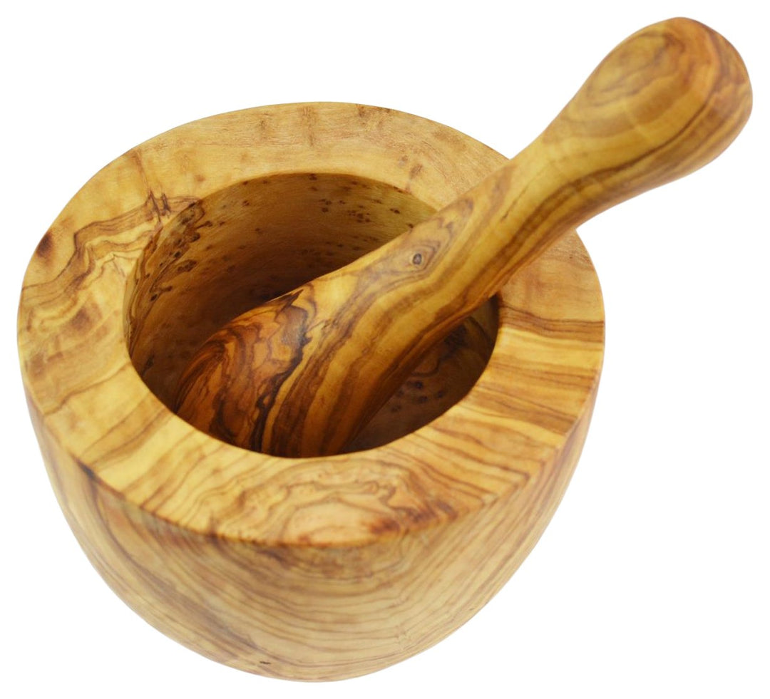 Olivenholz Mörser und Stössel, Flat Style, Korn/Natur