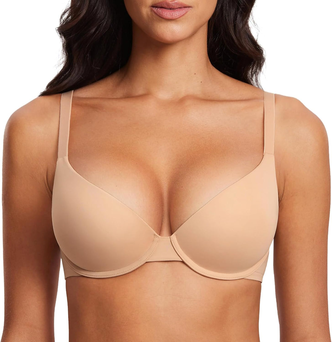DOBREVA Damen Push Up Bügel BH Soft T Shirt BHS mit Licht Gepolstert Komfort Sexy 80E Warmes Beige,