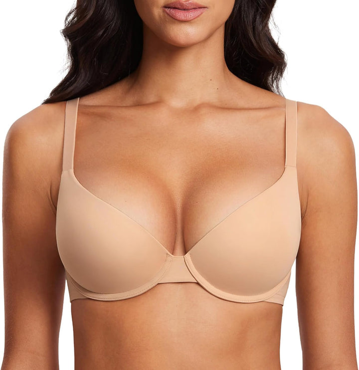 DOBREVA Damen Push Up Bügel BH Soft T Shirt BHS mit Licht Gepolstert Komfort Sexy 80E Warmes Beige,