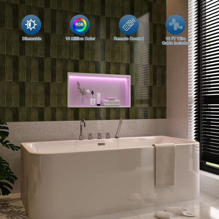 Neohomee Wandnische Dusche Edelstahl mit RGB LED-Licht, Eingebettete Duschnische Weiss Einzelregal L