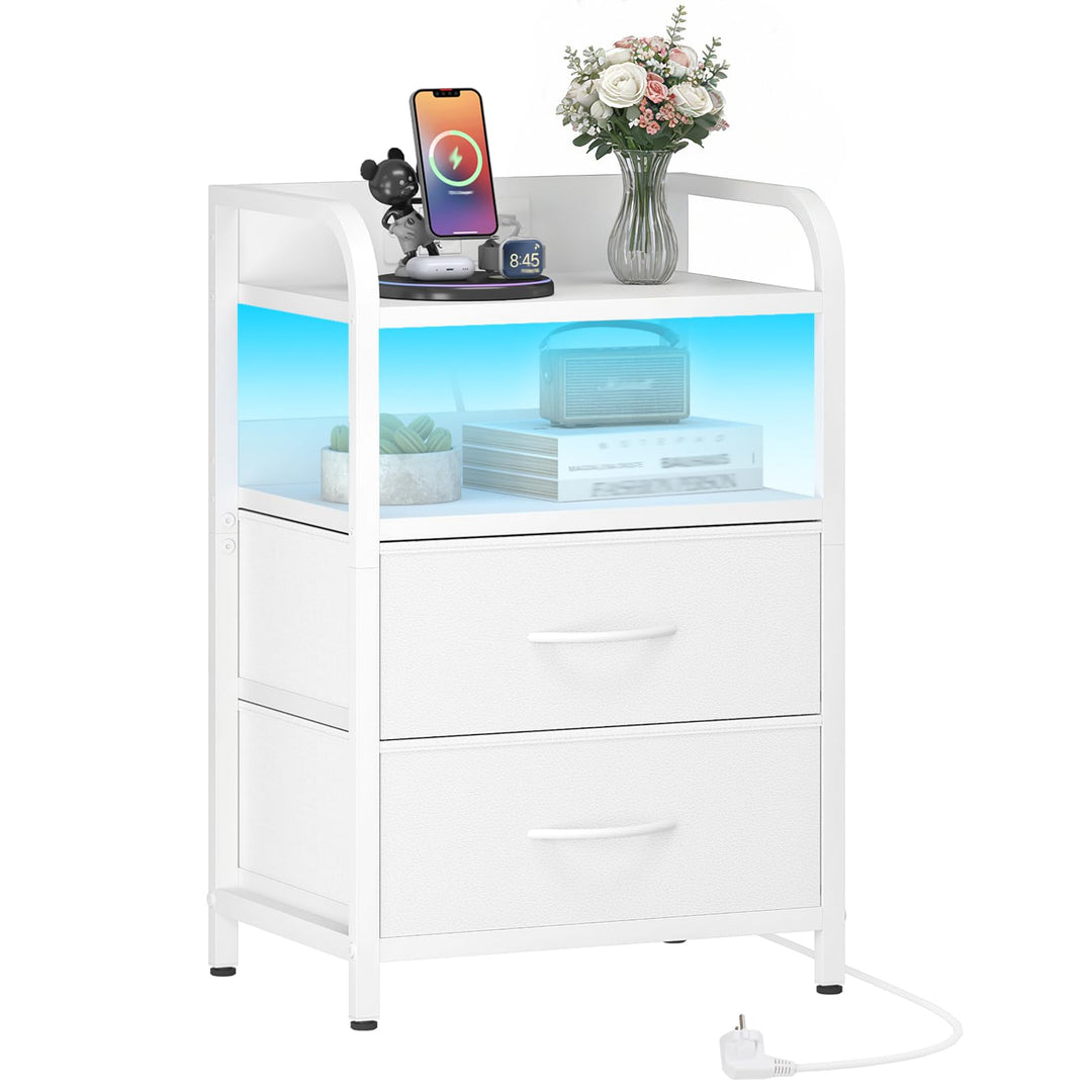 HOOBRO Nachttisch mit 2 Schubladen, Beistelltisch mit Ladestation und dimmbarer LED-Beleuchtung, Sof