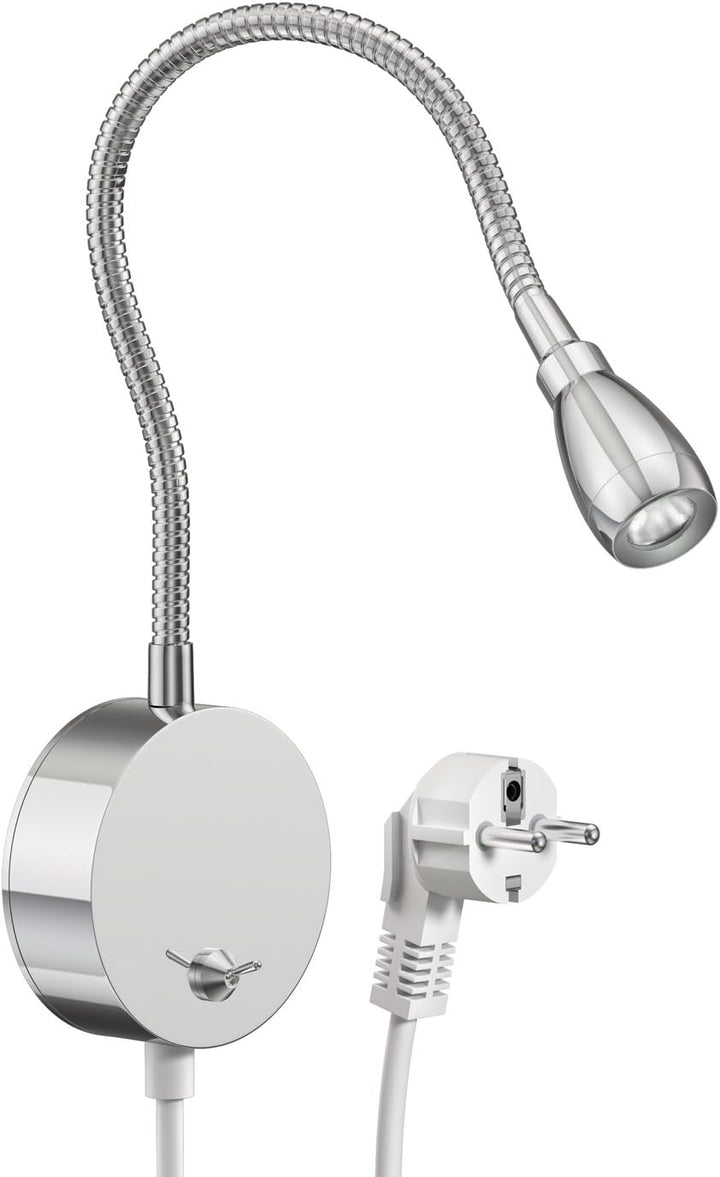 ledscom.de LED Leselampe/Wandleuchte HAN, Schwanenhals, Schalter, Stecker, chrom glänzend, weiss