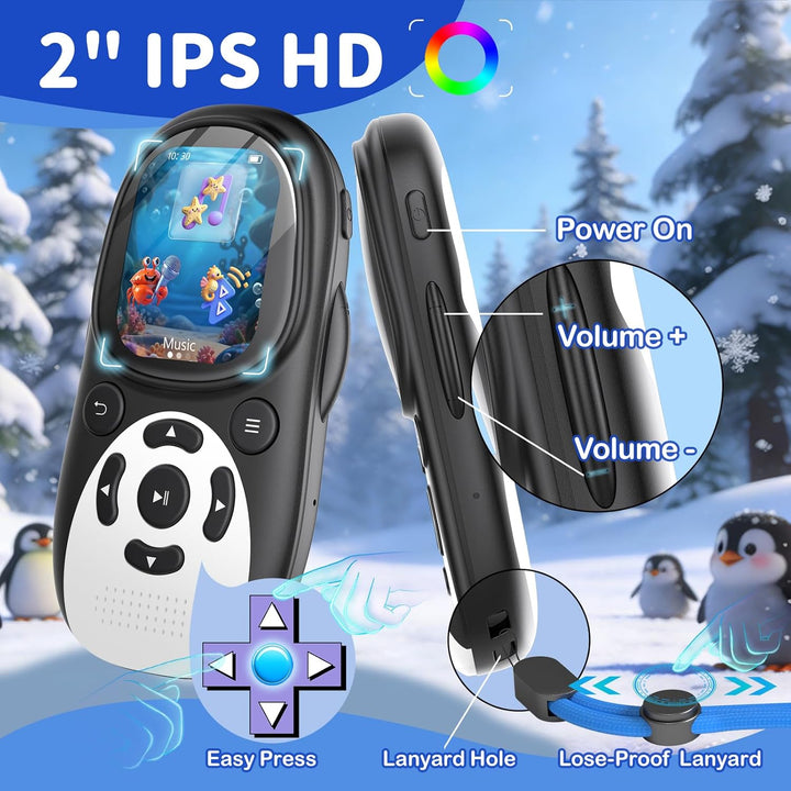 64GB MP3 Player Kinder, Bluetooth 5.3 Lautsprecher Pinguin Design Tragbarer Musikplayer mit 2" IPS B