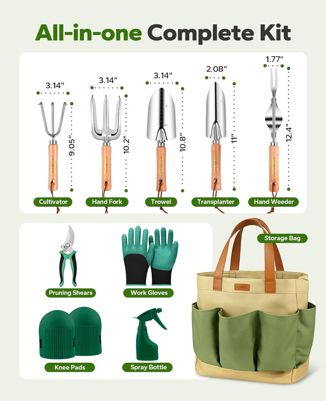 YAUNGEL Gartenwerkzeug Set, 10 Stück Schwerlast Edelstahl Gartenarbeit Kit mit Non-Slip Holzgriff- G