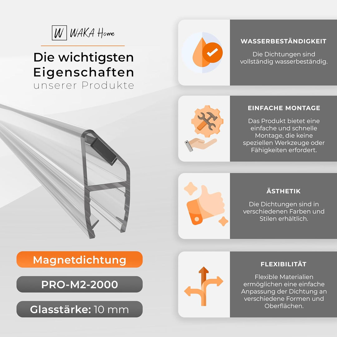 WAKA Premium SET Magnet - Duschdichtung & Duschtür PRO-M2 Duschdichtungen für Duschtüren Optisch Tra