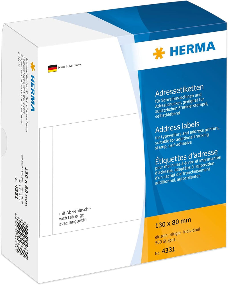 HERMA 4331 Adressetiketten für Schreibmaschinen, 130 x 80 mm, 500 Aufkleber, selbstklebend, matt, ei