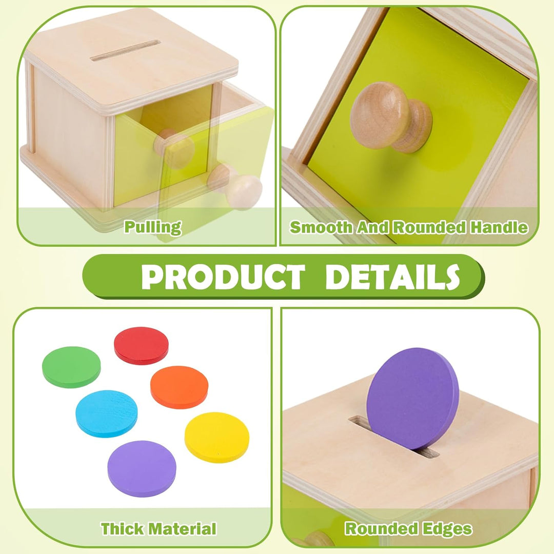 Adena Montessori Spielzeug ab 1 Jahr, Gelb-Grüner Tür Coin Box, Montessori Object Permanence Box Spi