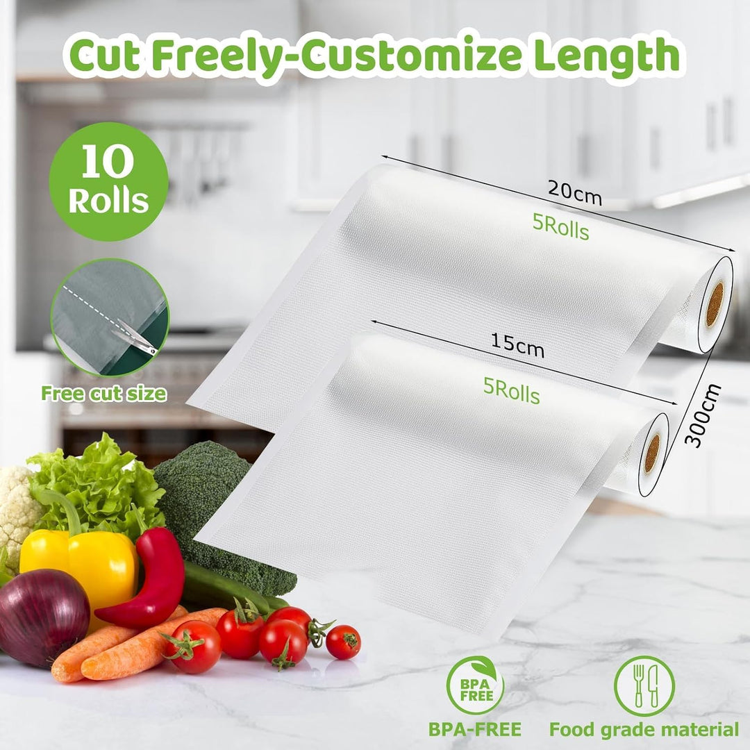 Omtofo Vakuumier Folienrollen, 5 Rollen 15x300cm + 5 Rollen 20x300cm Reissfest, BPA-frei, Vakuumbeut