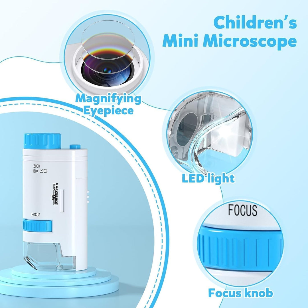 80x-200x Taschenmikroskop Kinder, LED Mikroskop für Kinder mit 12 Objektträgern LED-Licht Microscope