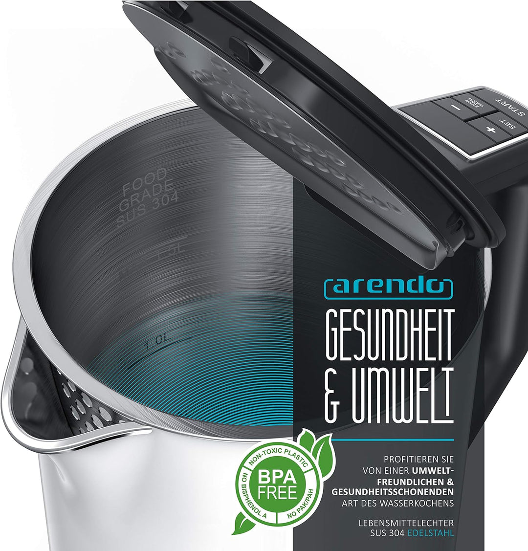 Arendo - Wasserkocher und Toaster im Set Edelstahl Weiss, Wasserkocher 1,5L 40°-100°C Warmhaltefunkt