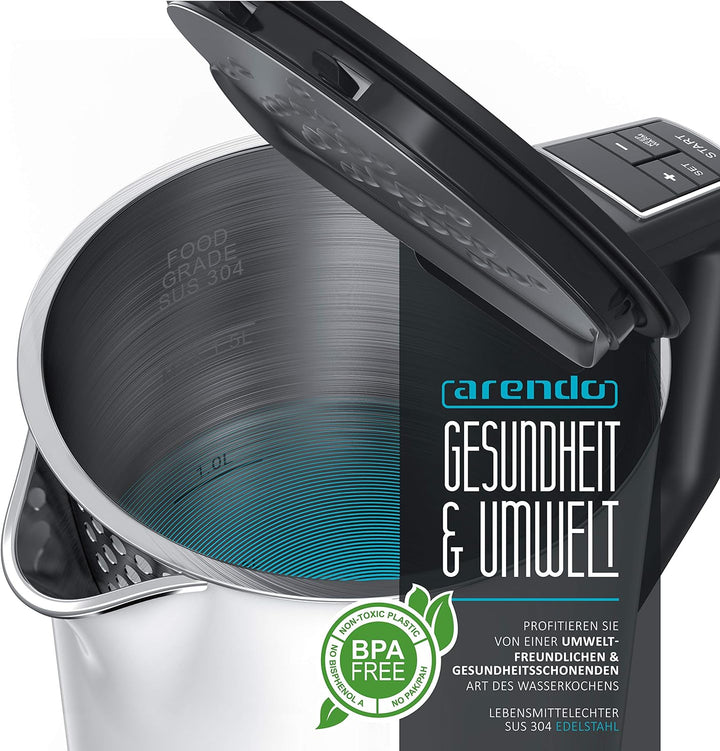 Arendo - Wasserkocher und Toaster im Set Edelstahl Weiss, Wasserkocher 1,5L 40°-100°C Warmhaltefunkt