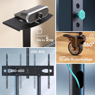 ONKRON TV Ständer rollbar für 55-90 Zoll TVs bis zu 75 kg, Fernsehständer höhenverstellbar 200x200-8