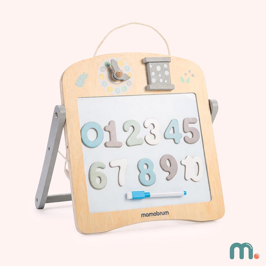 Mamabrum Holz-Lerntafel 2in1 für Kinder, Doppelseitige Magnettafel mit Formensorter, Abakus und Uhr