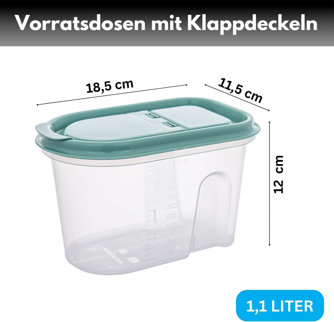 Vorratsdosen 6er Set Mix 1,1L - Schüttdosen transparent mit Klappdeckeln - Müslispender aus Kunststo