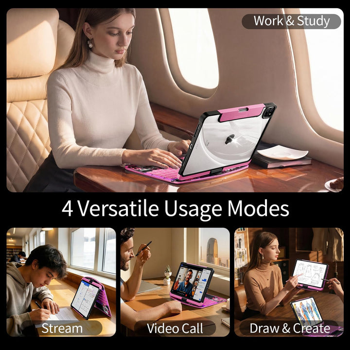Uminy Klare Tastaturhülle für iPad 10,2 Zoll mit 360° Drehung, Rosa | 7-farbige Hintergrundbeleuchtu