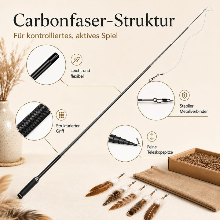 YEGUO Katzenangel stabil & lang (142cm) - Interaktives Katzenspielzeug Angel Set aus Carbon mit 6 Na