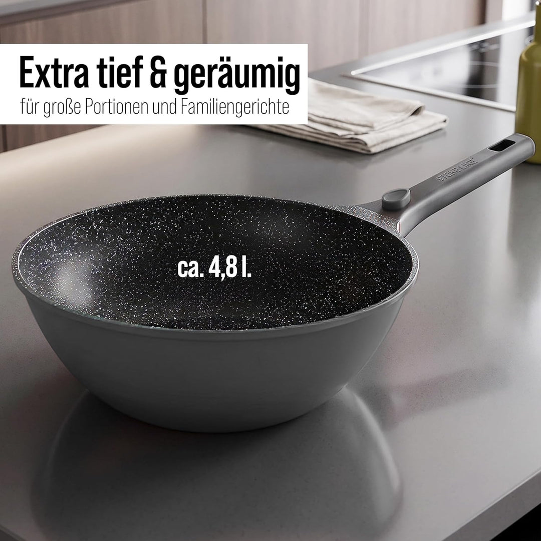 Stoneline Imagination Plus Wok 30 cm, mit Glasdeckel und abnehmbarem 3-Stufen-Sicherheitsgriff, Wokp
