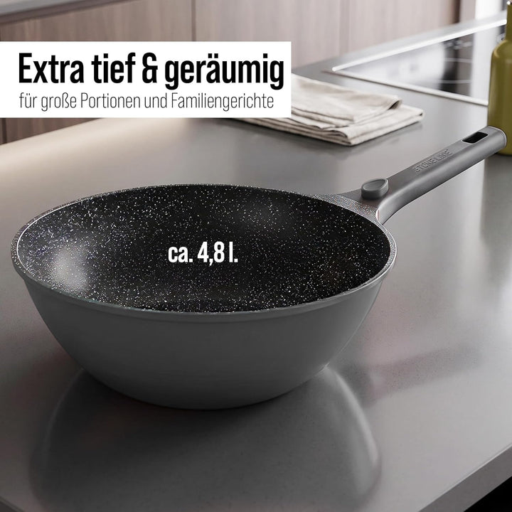 Stoneline Imagination Plus Wok 30 cm, mit Glasdeckel und abnehmbarem 3-Stufen-Sicherheitsgriff, Wokp