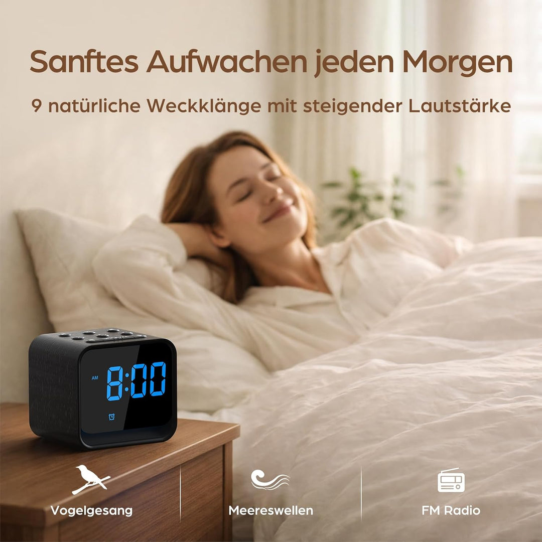 Radiowecker mit Naturklängen & dimmbarer LED-Anzeige – digitaler Wecker mit Nachtlicht, sanftes Aufw