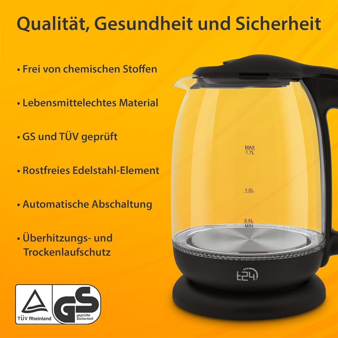 T24 LED Glas Wasserkocher 1,7 Liter mit LED-Beleuchtung in Schwarz | TÜV Rheinland GS Zertifiziert,