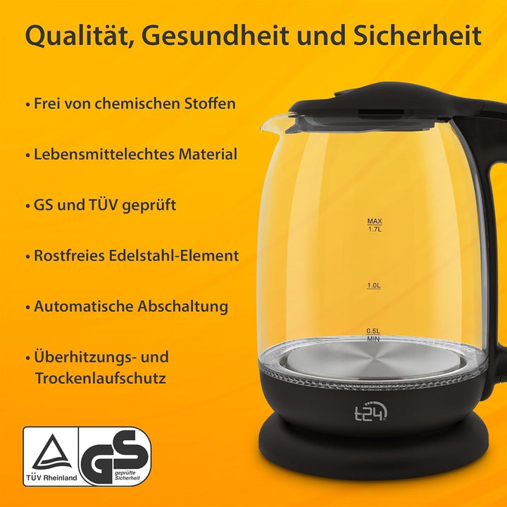 T24 LED Glas Wasserkocher 1,7 Liter mit LED-Beleuchtung in Schwarz | TÜV Rheinland GS Zertifiziert,