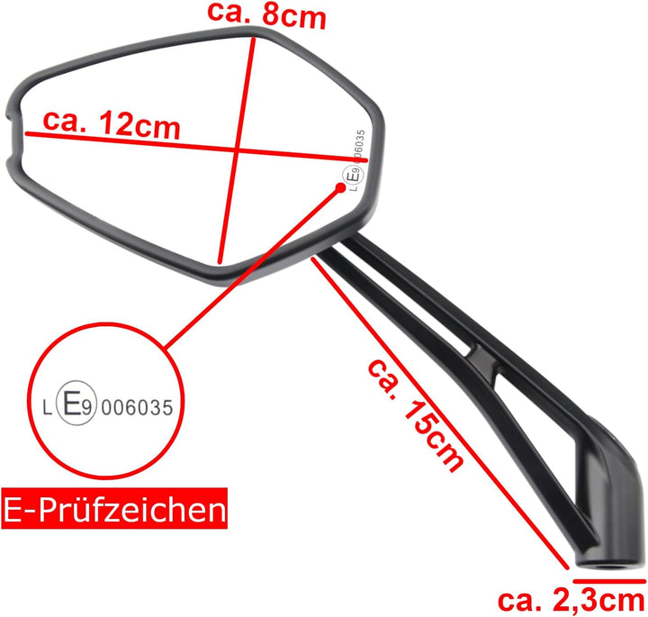 Area1 Universal Motorrad Rückspiegel Paar e-geprüft 2x M10 Rechtsgewinde + Linksgewindeadapter, komp