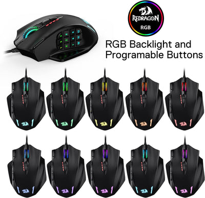 Redragon M908 Impact RGB LED MMO Maus USB Laser Gaming Maus mit 12400dpi, Hohe Präzision, 20 program